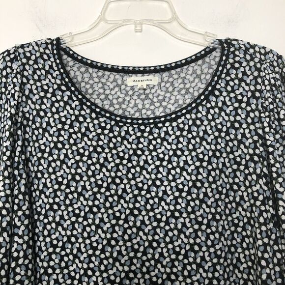 Max Studio Blue Black White Floral Stretchy Flowy 3/4 Tie Sleeve Tunic size 1X - Picture 4 of 10